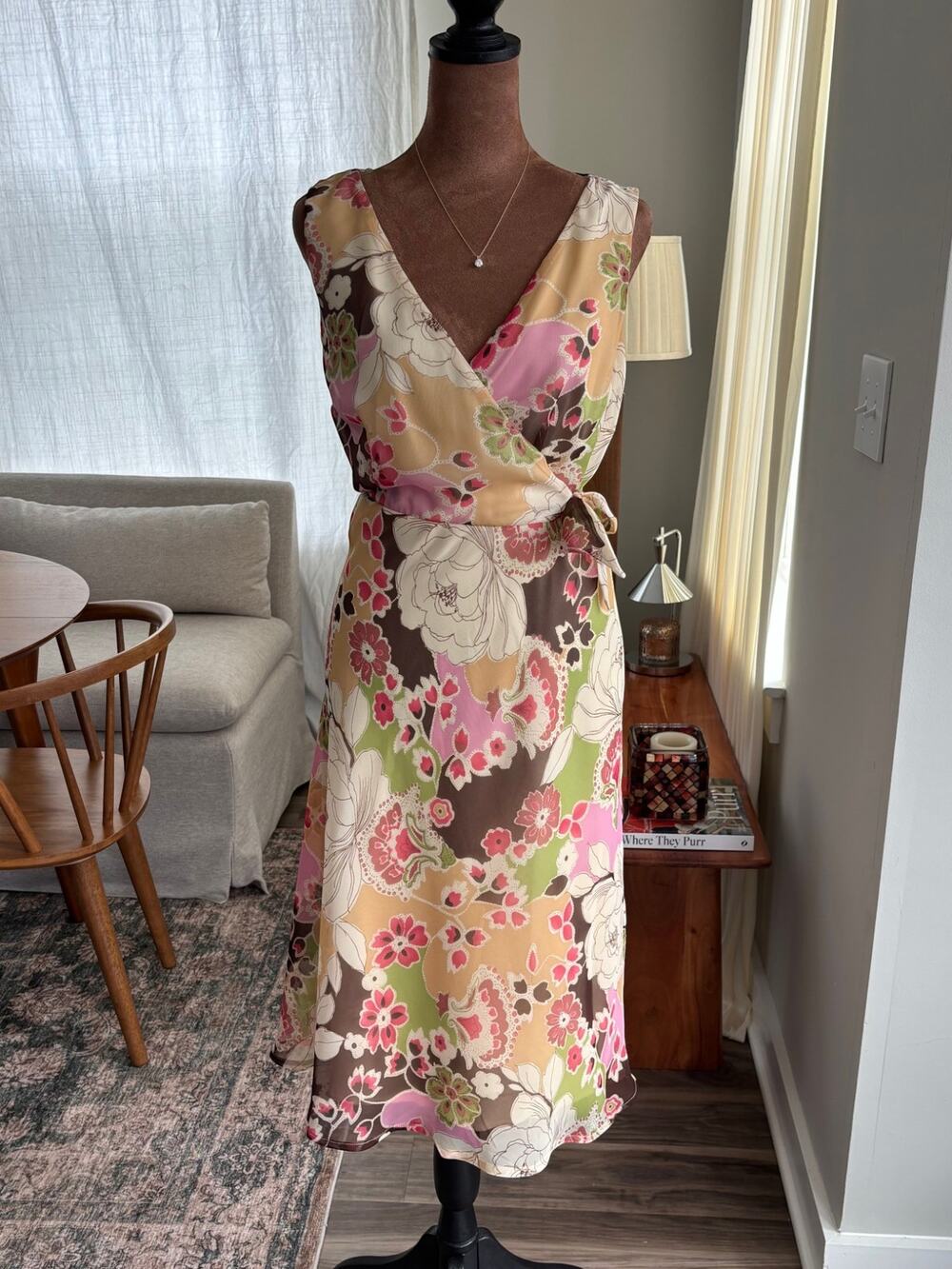 Y2K Vintage Merona Floral Midi Wrap Dress Pink Summer Flowy Whimsy Fairy Size 10